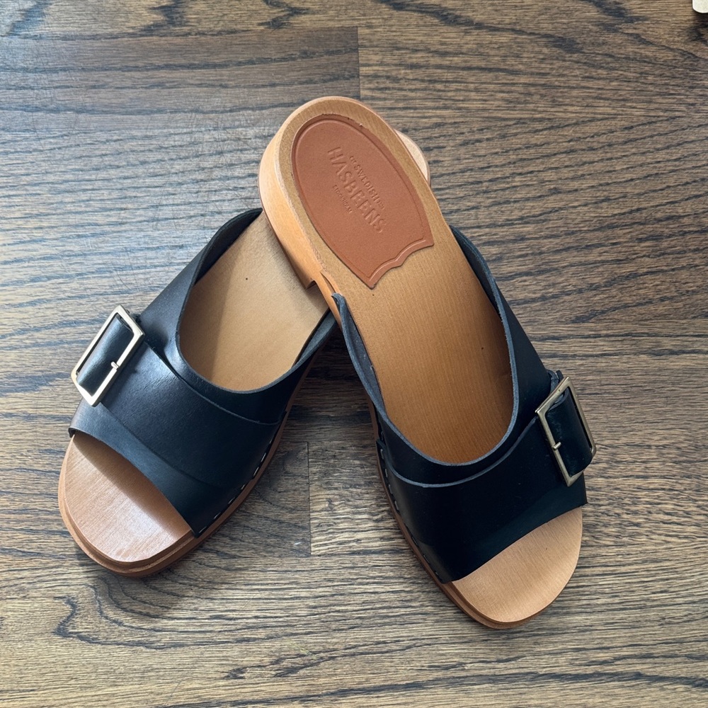 Swedish Hasbeens Black Leather Mules